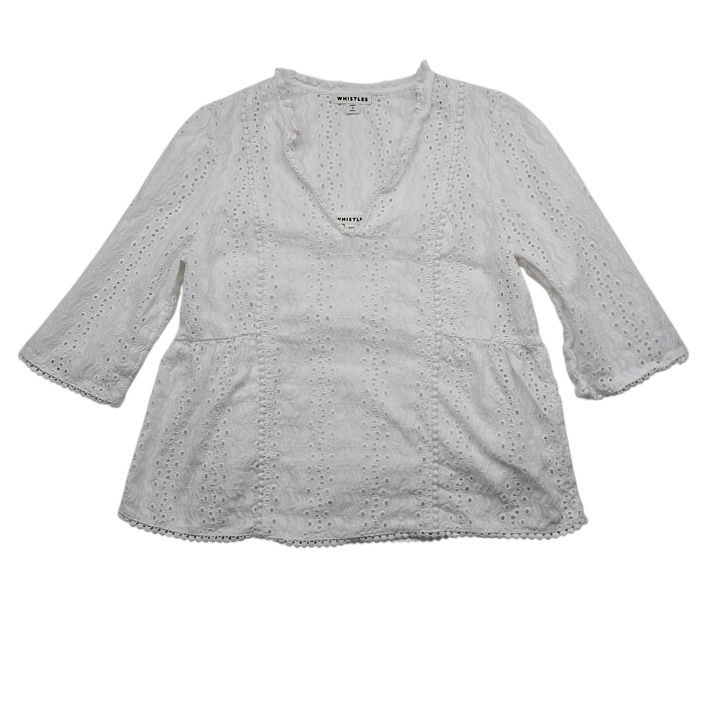 Whistles Top Women's 6 White Eyelet 3/4 Sleeve Isidora Broderie